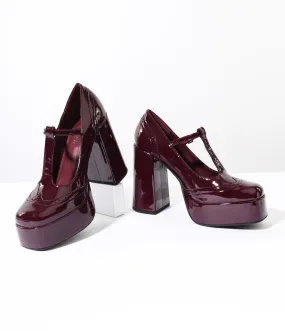 1920s Burgundy Patent Leatherette T-Strap Platform Mary Jane Heels