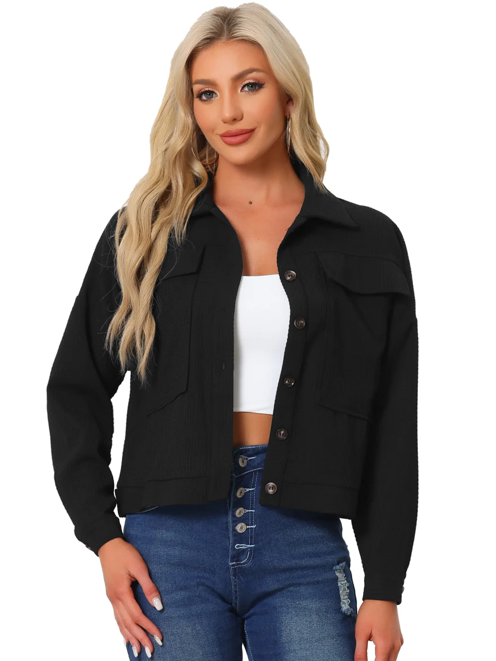 Allegra K- Waffle Shacket Drop Shoulder Jackets