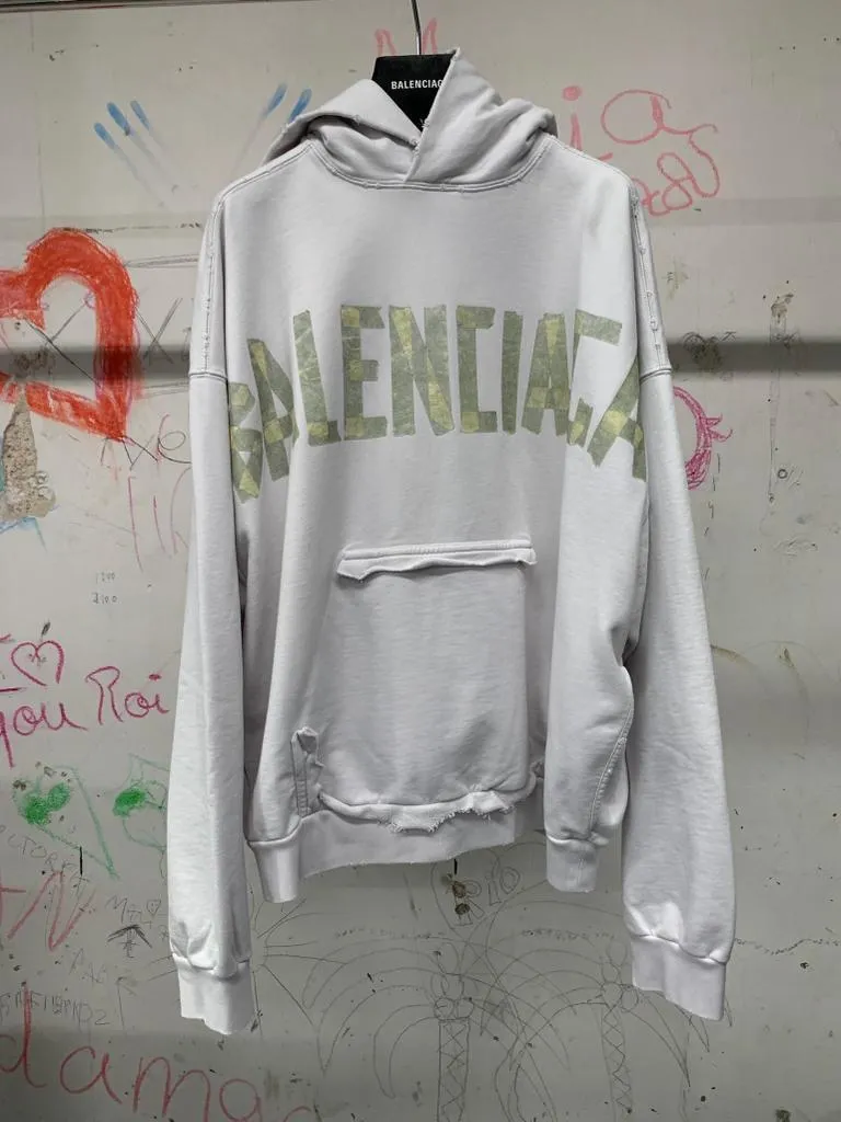 BALENCIAGA  |Tape Type Ripped Pocket Hoodie Large Fit in White