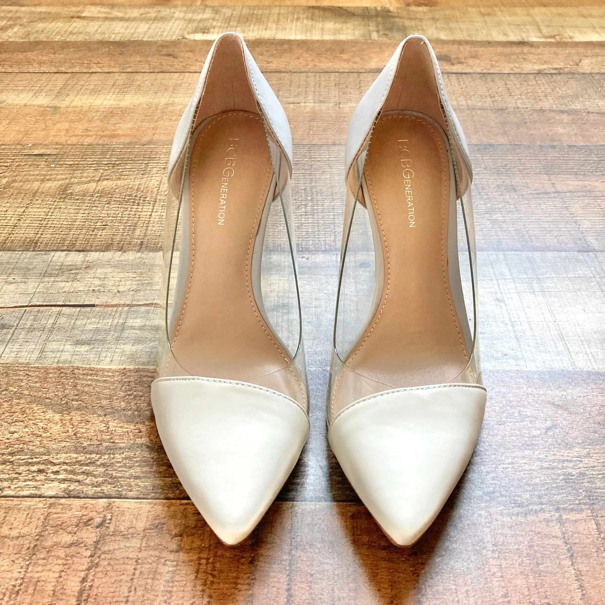 BCBGeneration Cream/Grey Clear Side Heels- Size 7 (see notes)