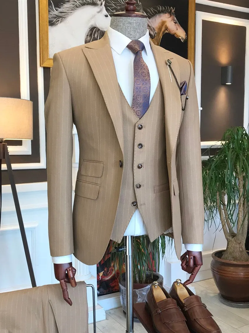 Bojoni Camel Striped Slim-Fit Suit 3-Piece