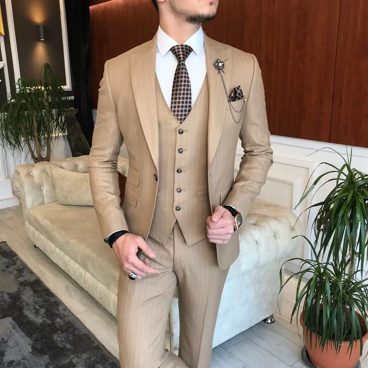 Bojoni Camel Striped Slim-Fit Suit 3-Piece