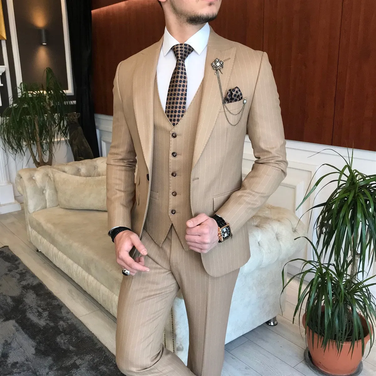 Bojoni Camel Striped Slim-Fit Suit 3-Piece