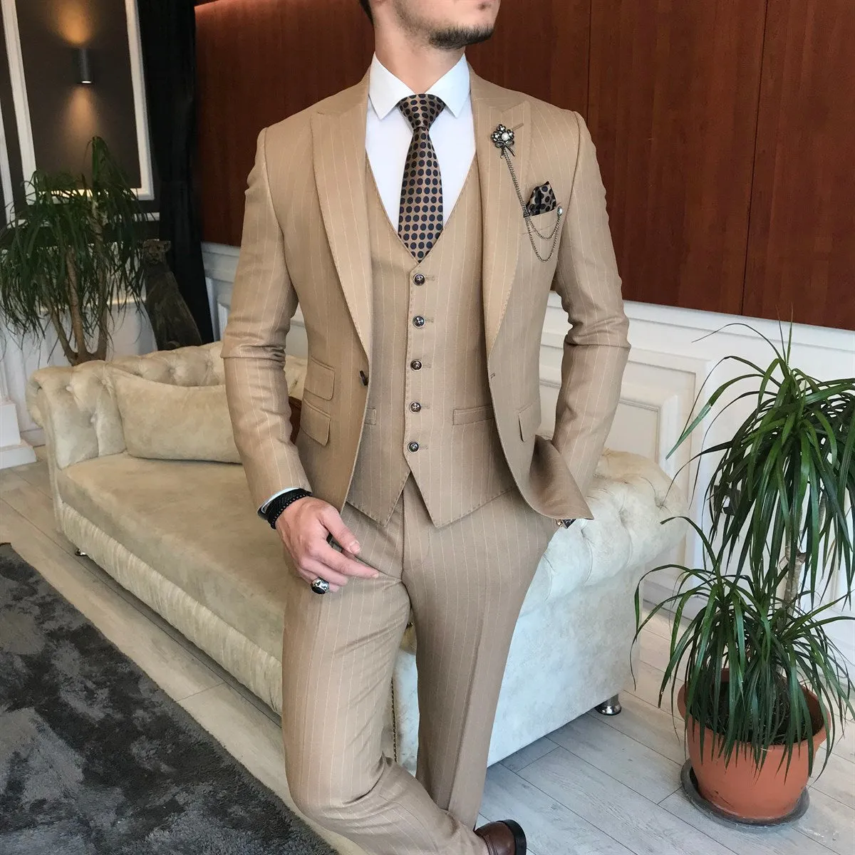 Bojoni Camel Striped Slim-Fit Suit 3-Piece