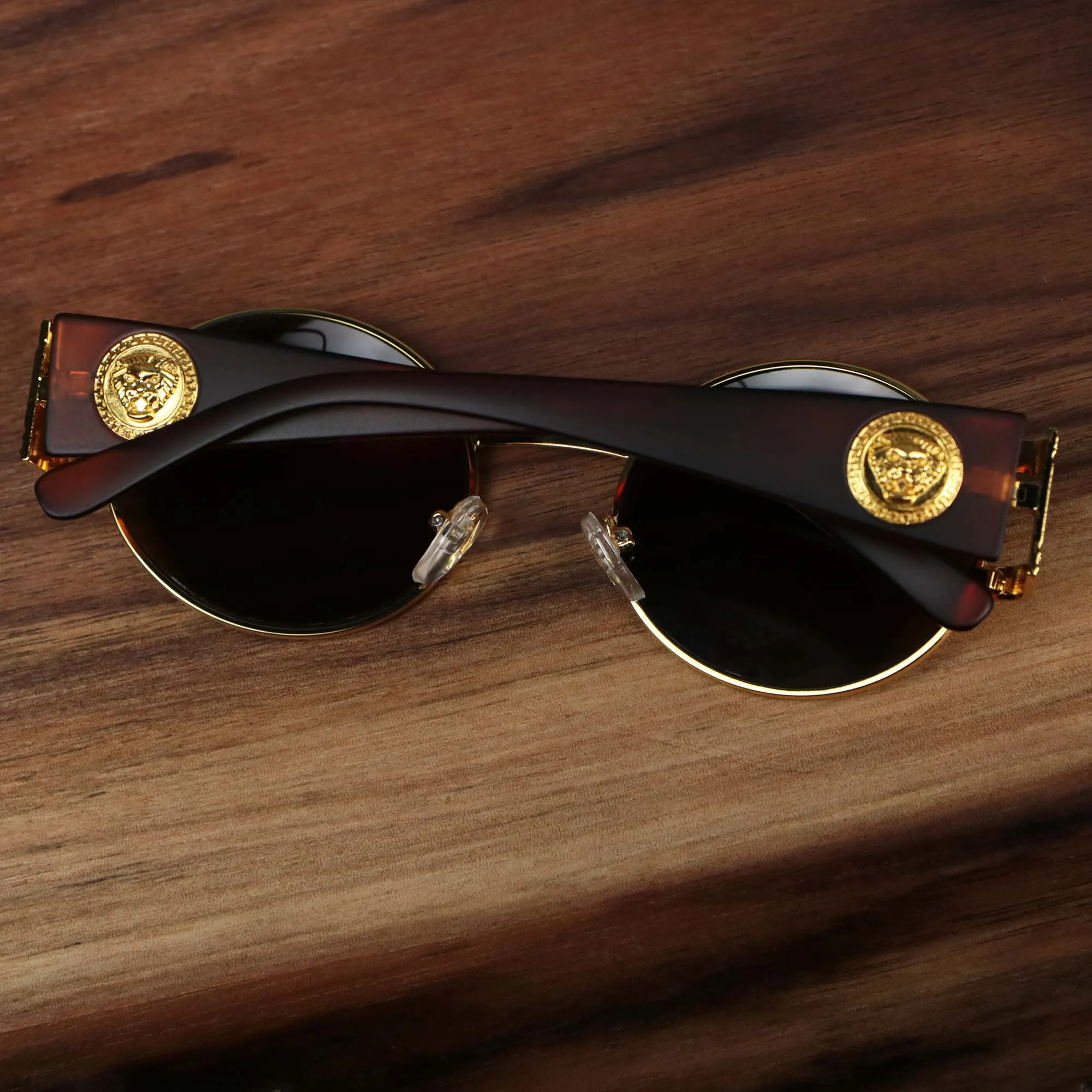 Circle Frame Lion Head Emblem Brown Lens Sunglasses with Gold Frame