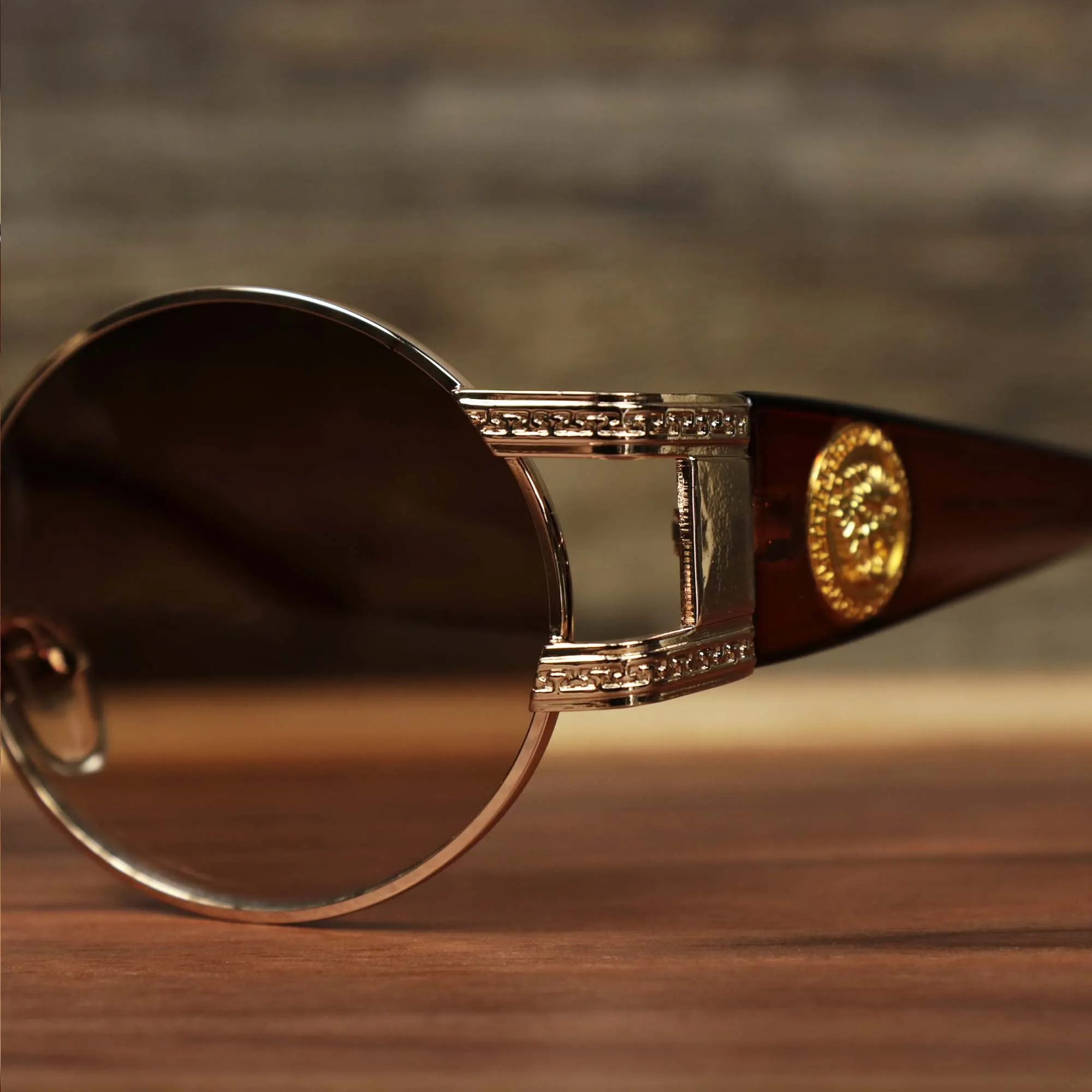 Circle Frame Lion Head Emblem Brown Lens Sunglasses with Rose Gold Frame