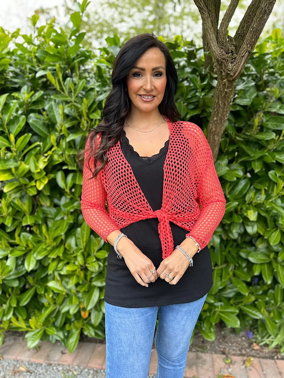 Coral Multi Hole Tie Front Shrug Niamh