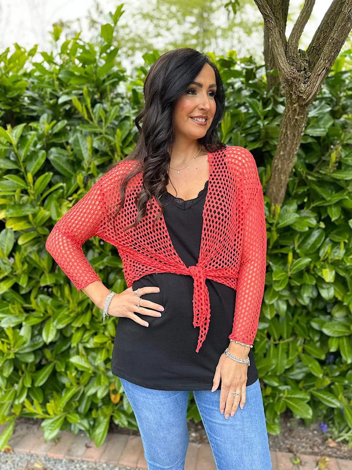 Coral Multi Hole Tie Front Shrug Niamh