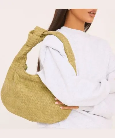 EGO Loreen Woven Knotted Strap Detail Oversized Shoulder Bag In Khaki Green Faux Suede