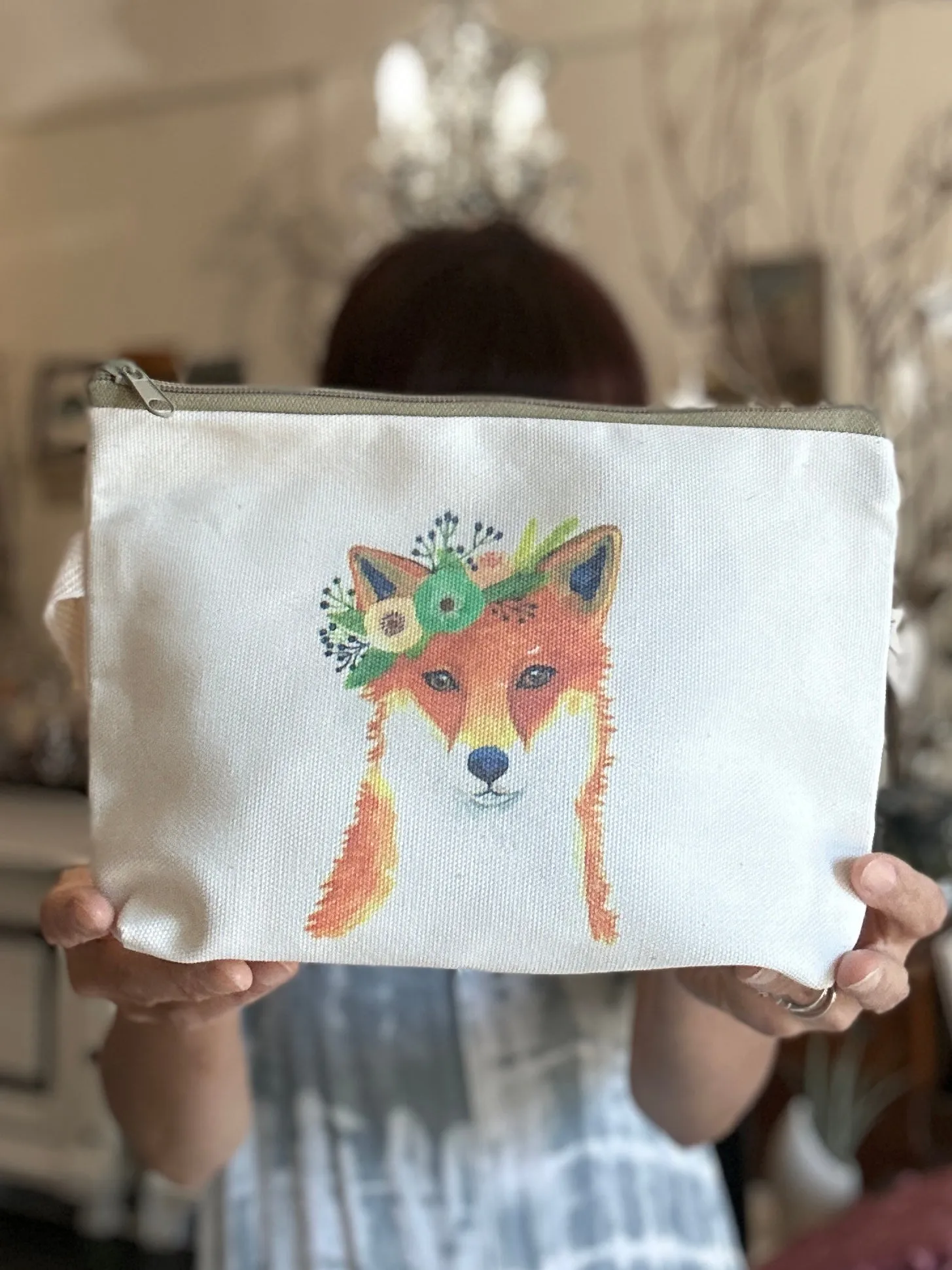 Handmade Canvas Pouch Makeup Zipper Bag w/ Cute Art Print