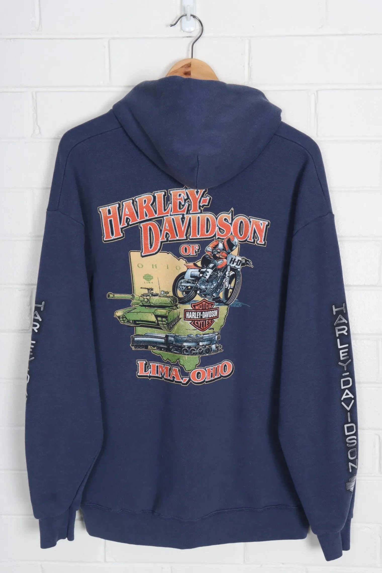 HARLEY DAVIDSON Ohio Sleeve Print Navy Zip Up Hoodie (L)