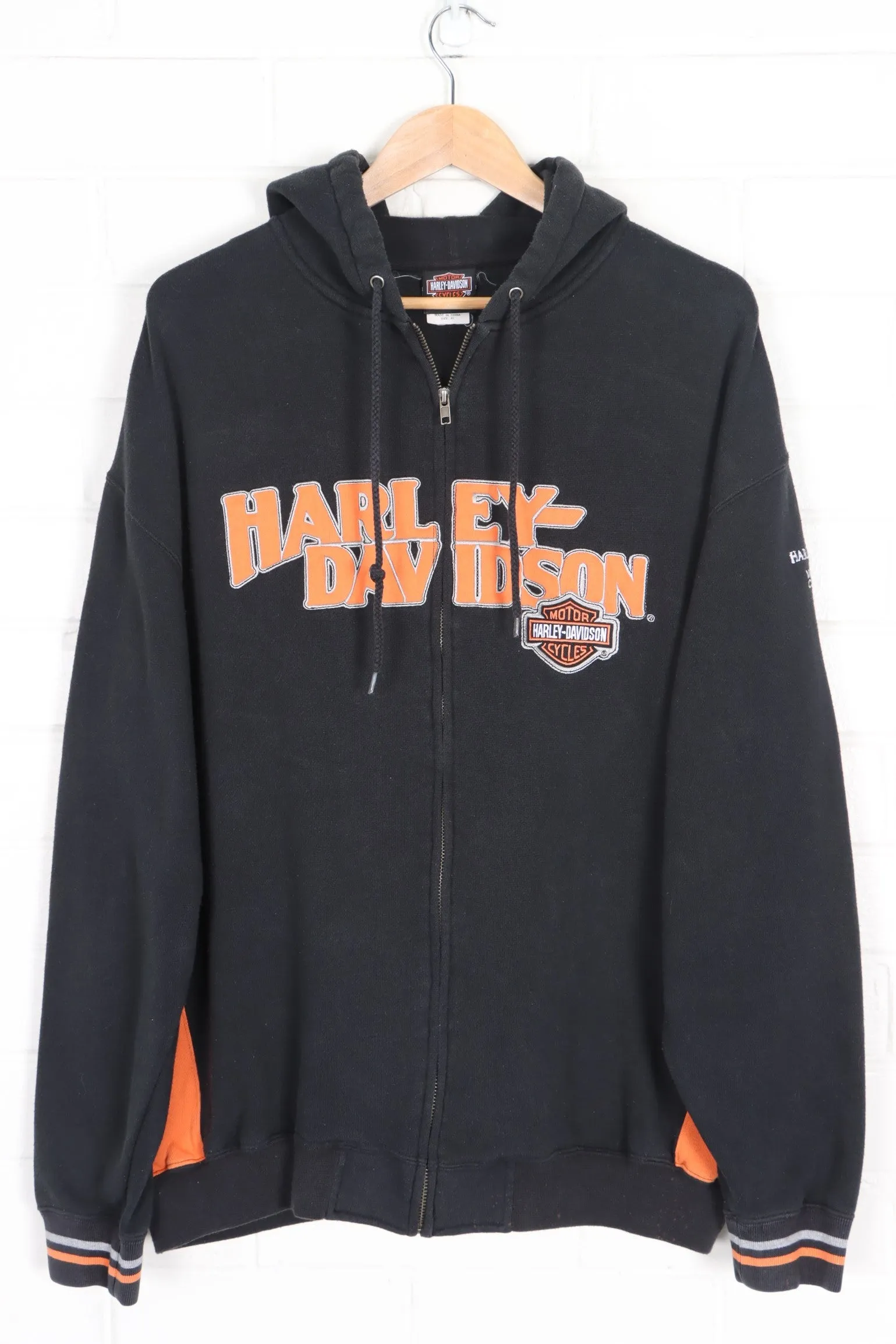 HARLEY DAVIDSON Orange & Black Spell Out Logo Full Zip Hoodie (XL)