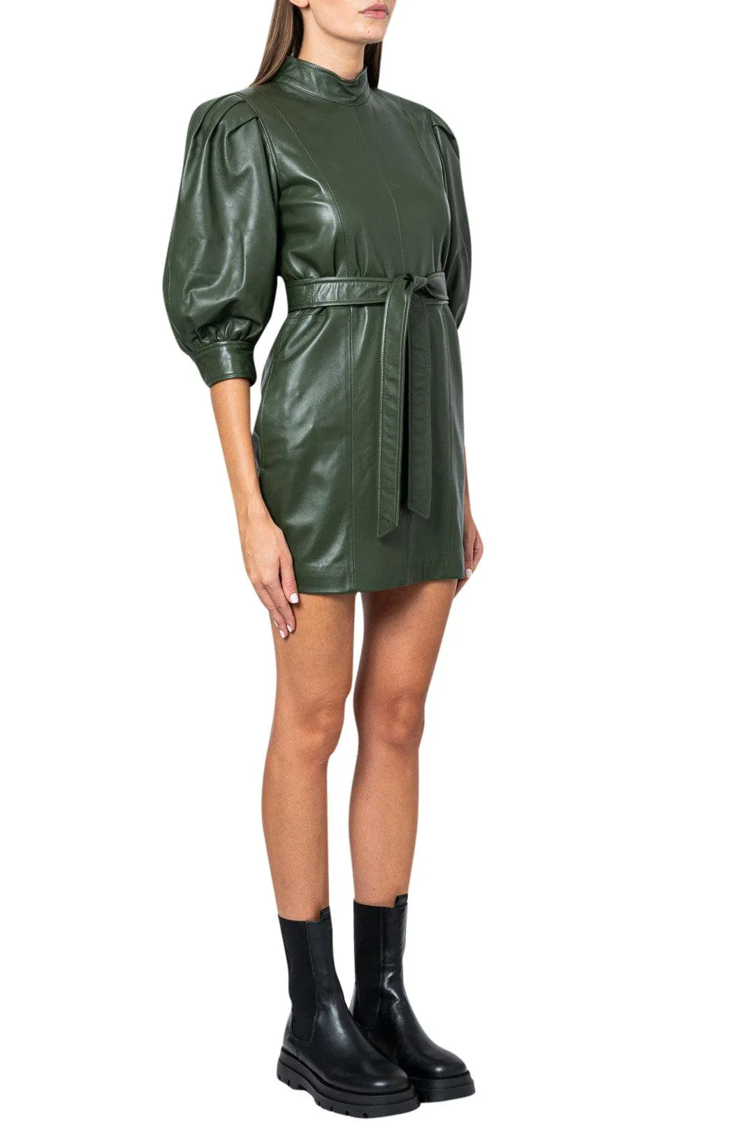 Leather bishop sleeves mini-dress