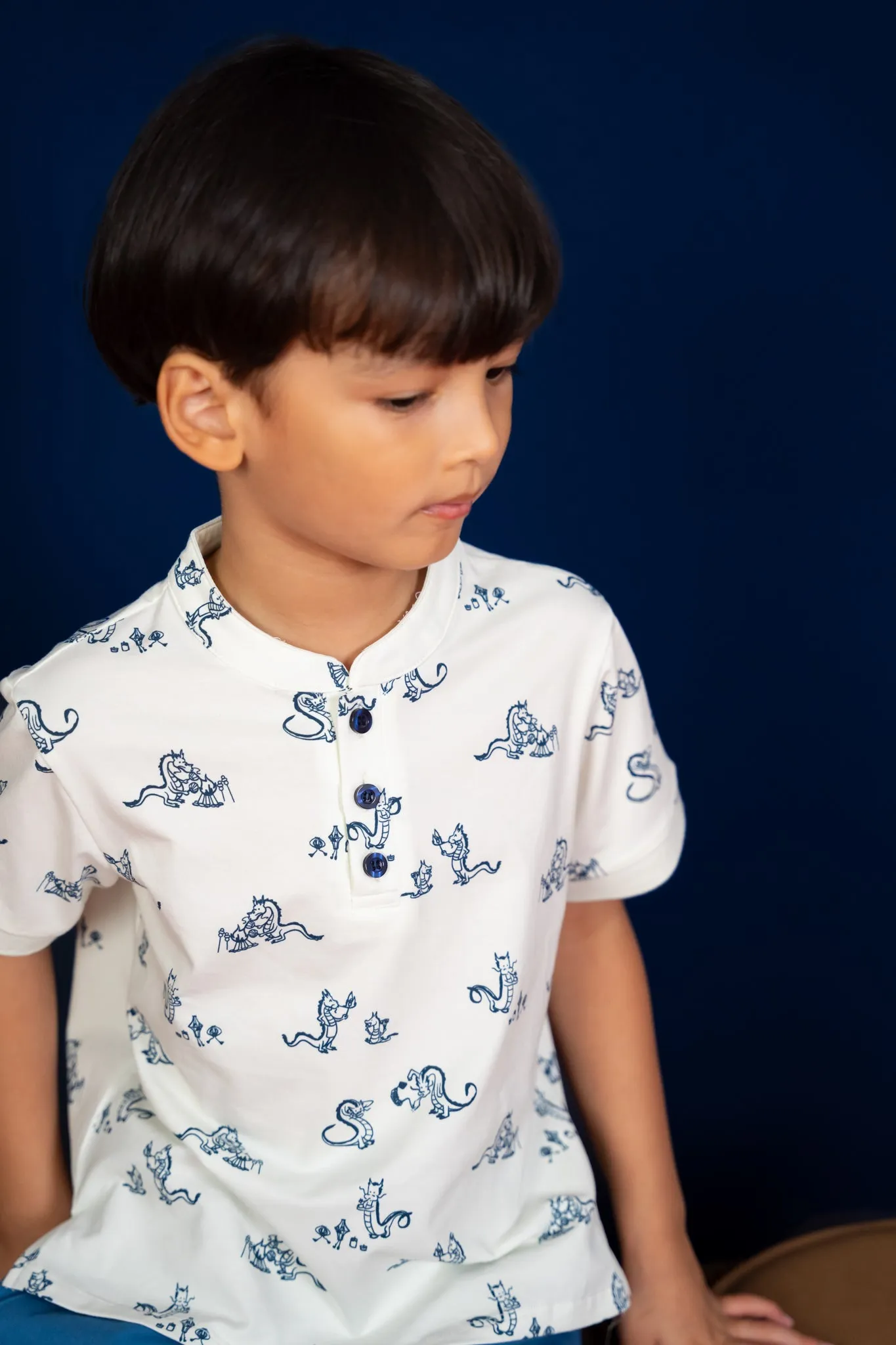 Mandarin-collared Polo Tee - Blue Campfire Dragon