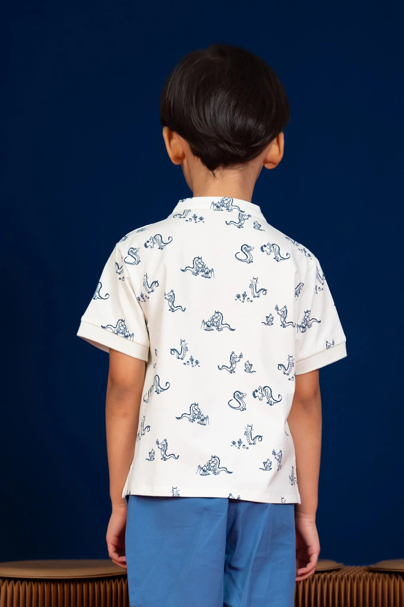 Mandarin-collared Polo Tee - Blue Campfire Dragon