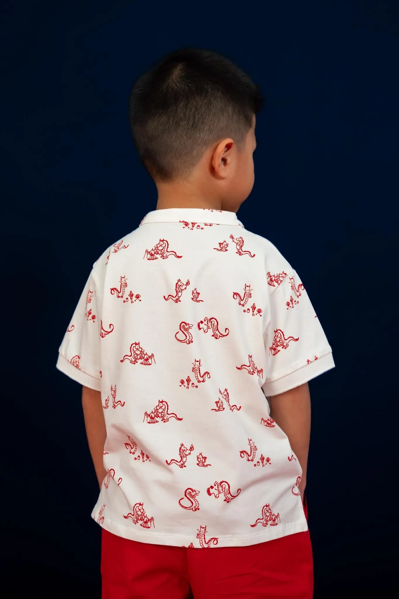 Mandarin-collared Polo Tee - Red Campfire Dragon