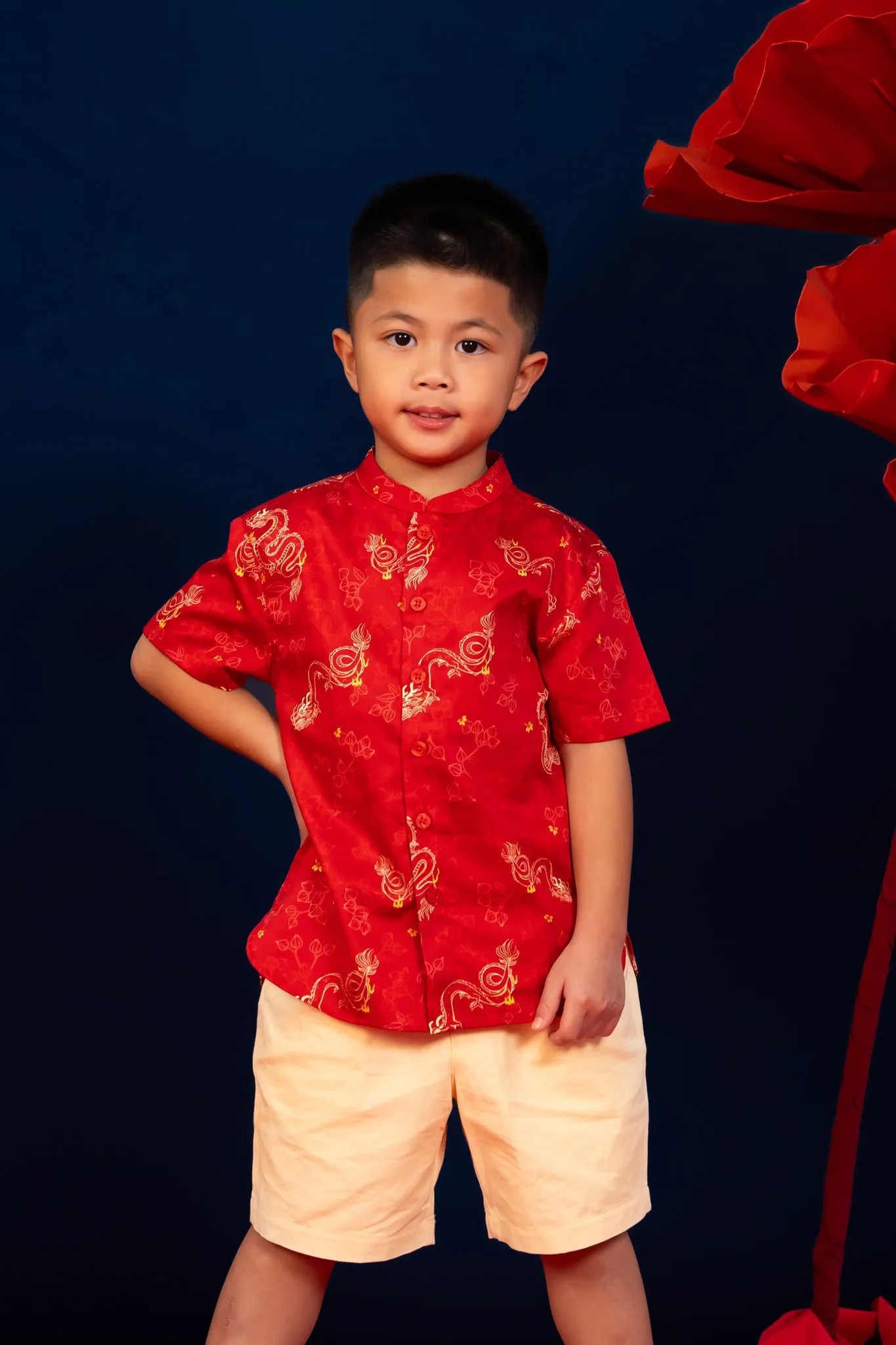 Mandarin-collared Shirt - Red Dragon Pearl