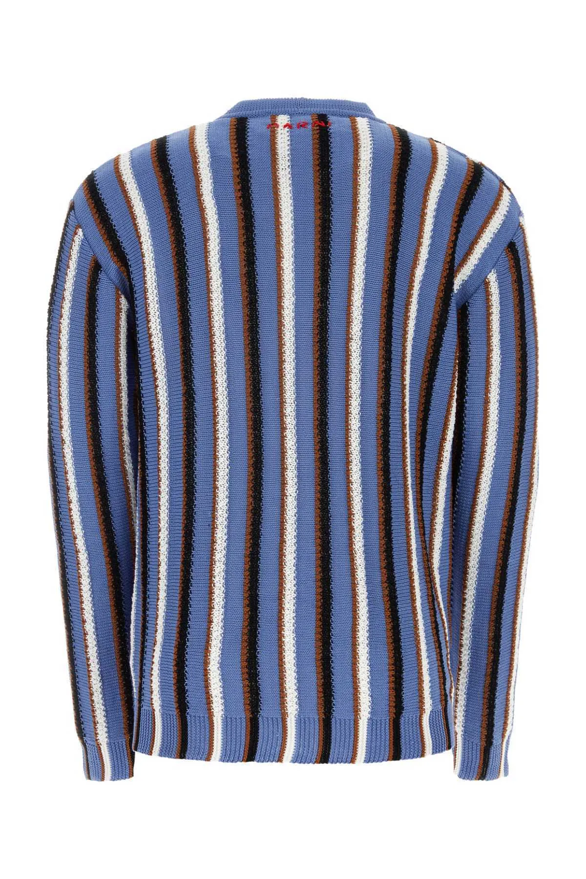 MARNI  |Blue cotton cardigan with crochet stripes