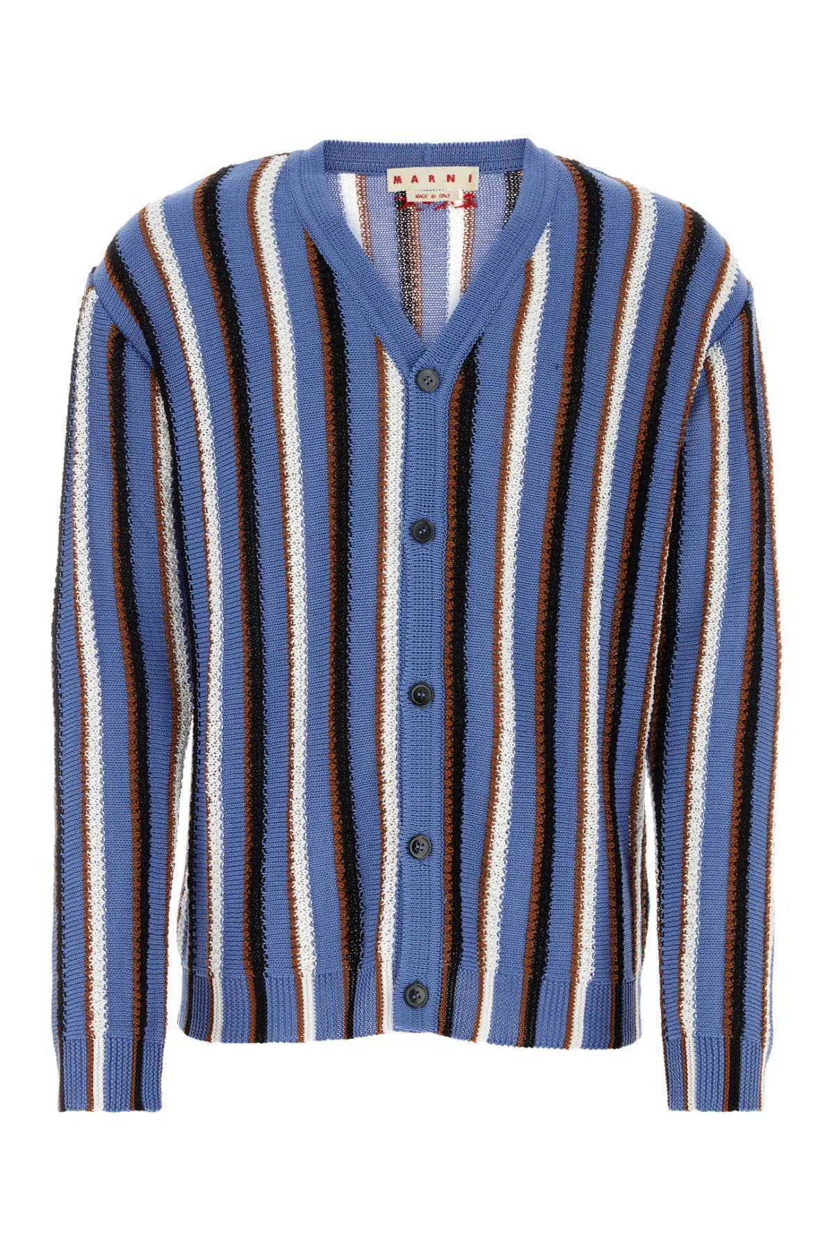 MARNI  |Blue cotton cardigan with crochet stripes