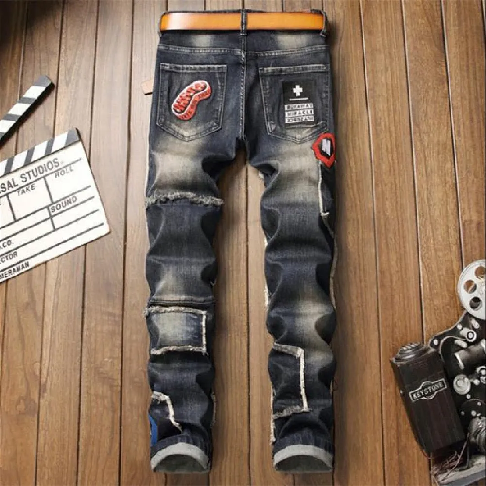 Men's Hip Hop Casual Holes Stretch Mid Waist Straight Leg Skinny Trousers