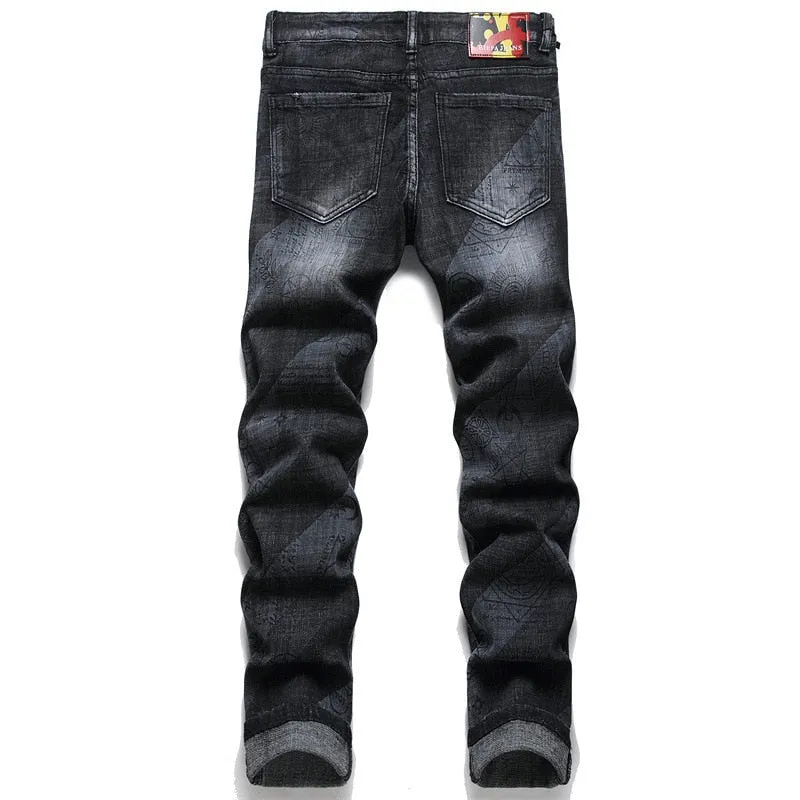 Men's Punk Printed Small Ground Foot Mid-waist Pencil Jeans Trousers