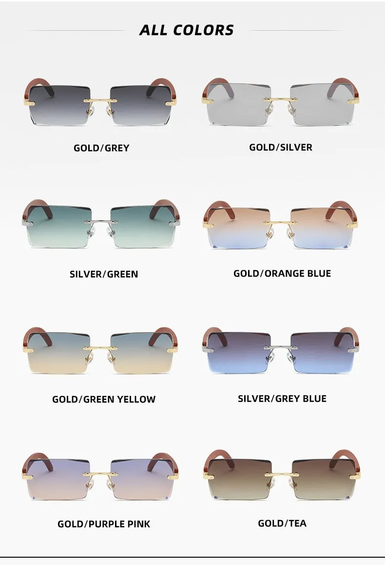 Men's UV400 Rectangle Rimless Wood Printing Gradient Sunglasses