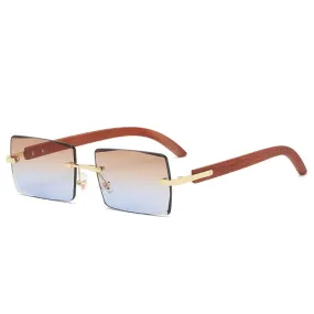 Men's UV400 Rectangle Rimless Wood Printing Gradient Sunglasses