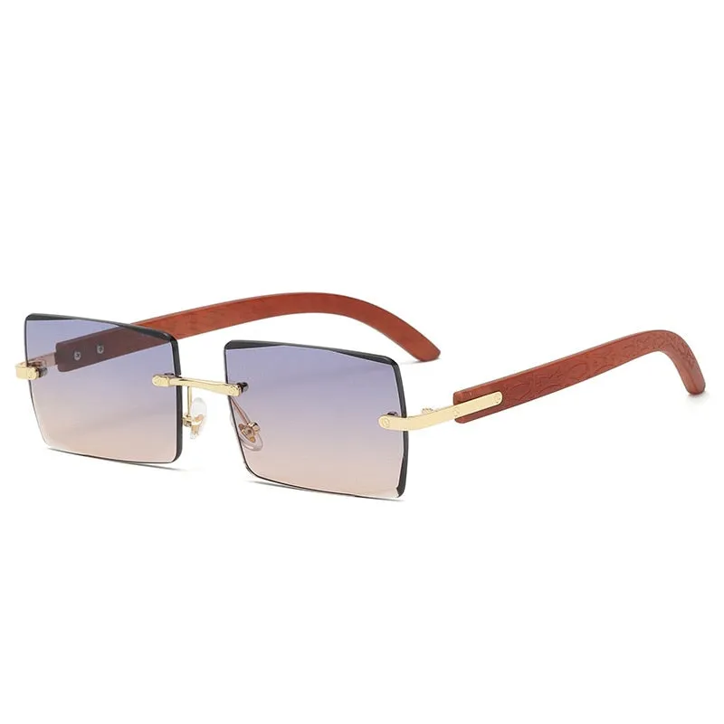 Men's UV400 Rectangle Rimless Wood Printing Gradient Sunglasses