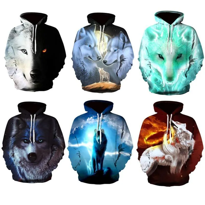 NeLong Sleeve Ice and Fire Eyes Wolf Printed Harajuku Hoodie