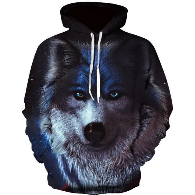 NeLong Sleeve Ice and Fire Eyes Wolf Printed Harajuku Hoodie