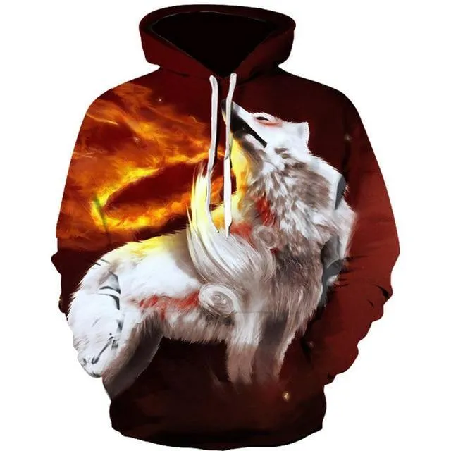 NeLong Sleeve Ice and Fire Eyes Wolf Printed Harajuku Hoodie