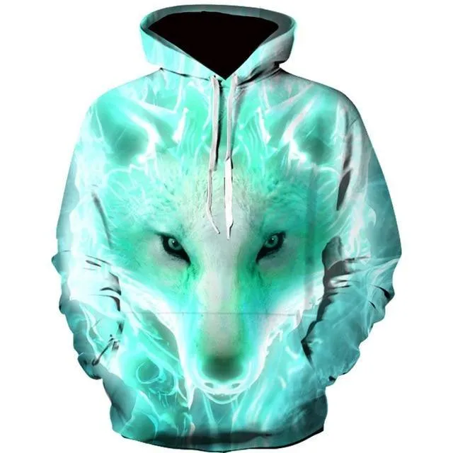 NeLong Sleeve Ice and Fire Eyes Wolf Printed Harajuku Hoodie