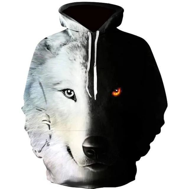 NeLong Sleeve Ice and Fire Eyes Wolf Printed Harajuku Hoodie