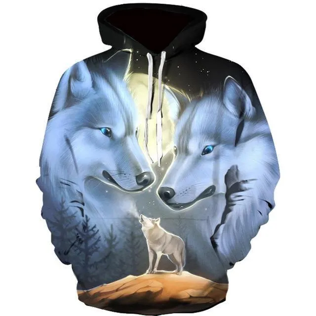 NeLong Sleeve Ice and Fire Eyes Wolf Printed Harajuku Hoodie