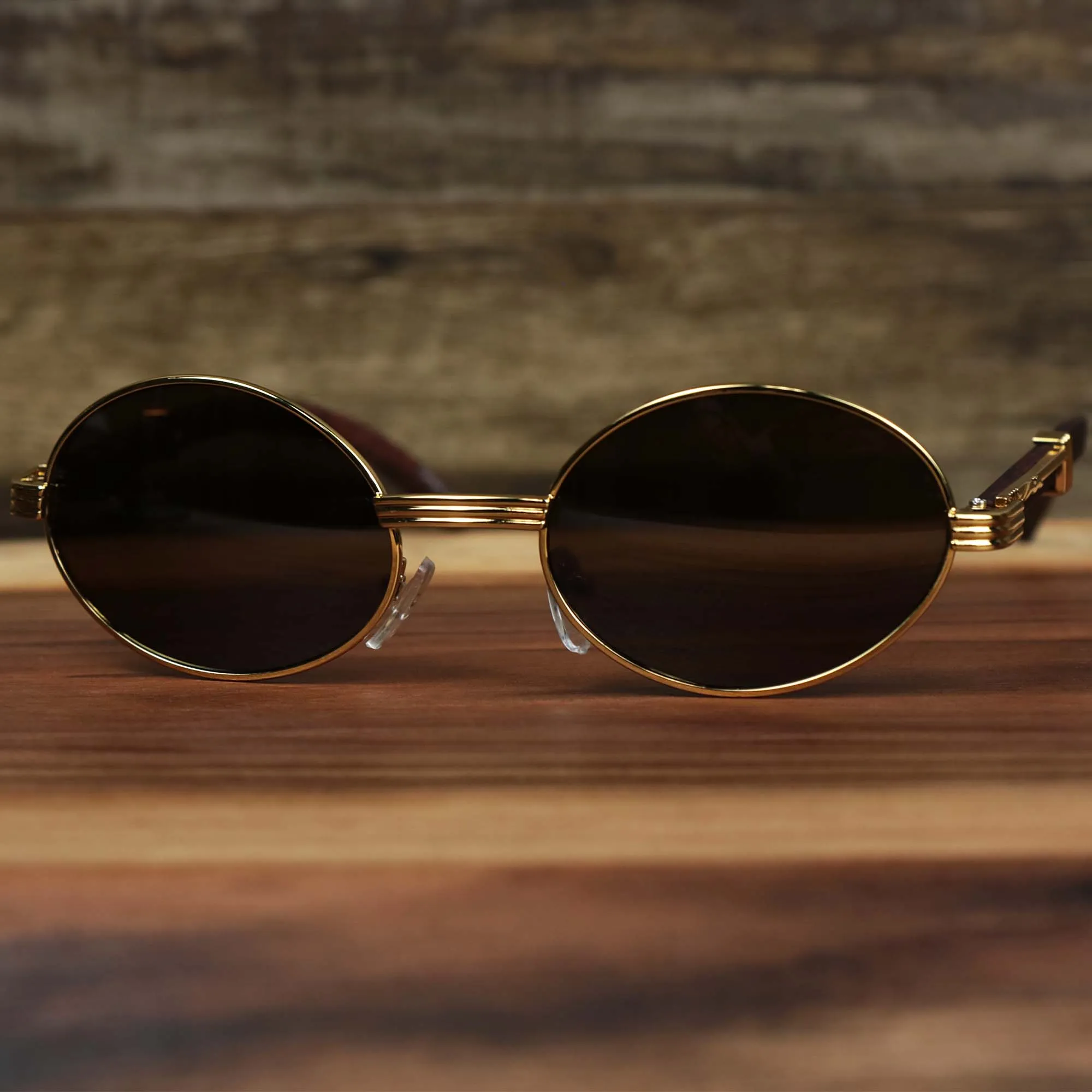 Oval 3 Row Frame Brown Lens Sunglasses with Gold Frame