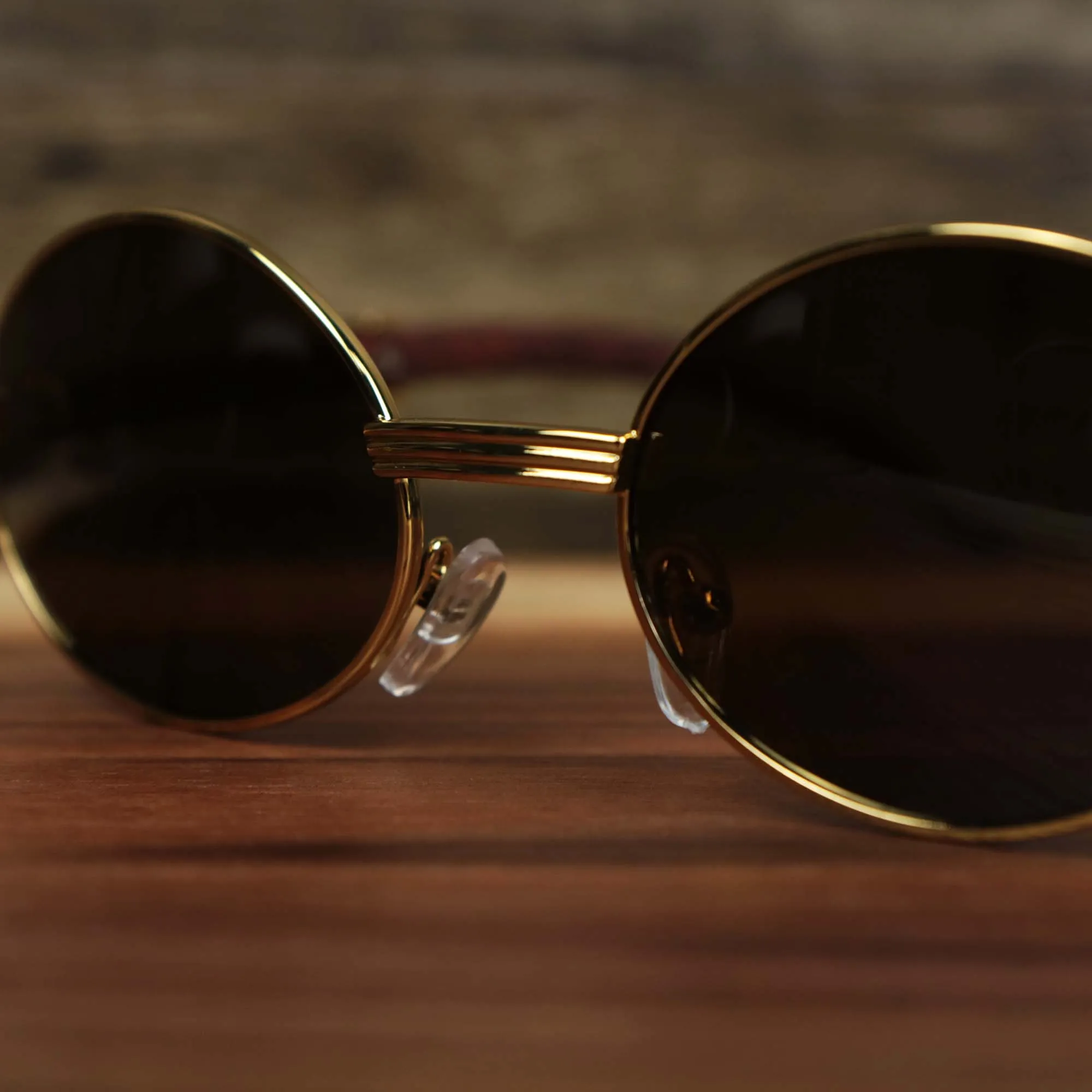 Oval 3 Row Frame Brown Lens Sunglasses with Gold Frame