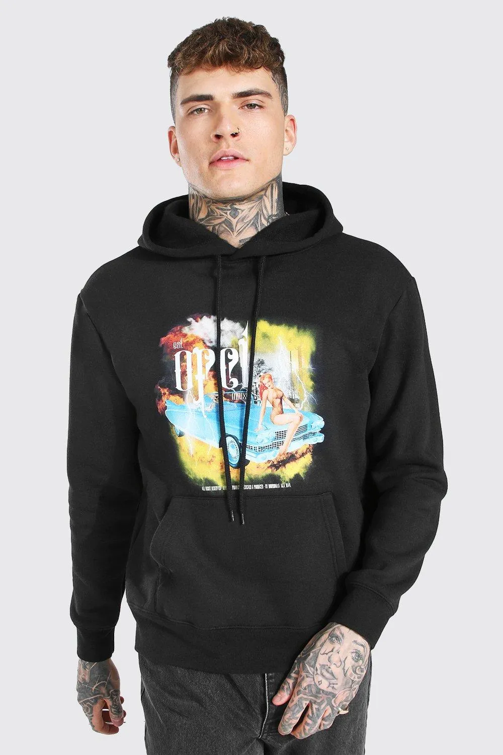 Oversized Official Car Print Hoodie | boohooMAN UK