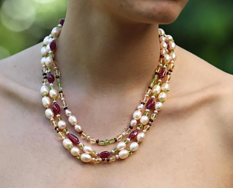 Pearl, Ruby, Citrine, Peridot, and Gold Necklace