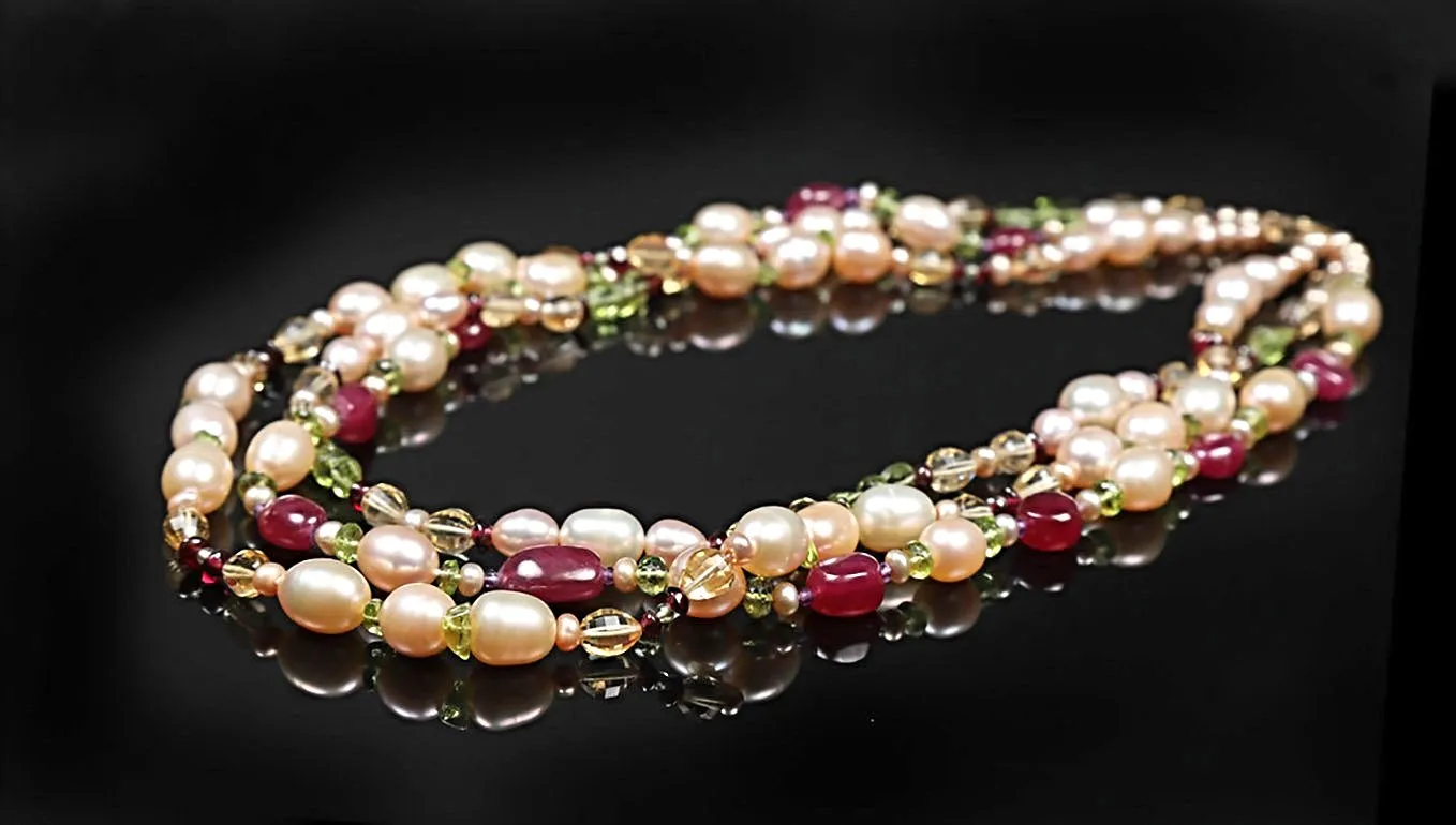 Pearl, Ruby, Citrine, Peridot, and Gold Necklace