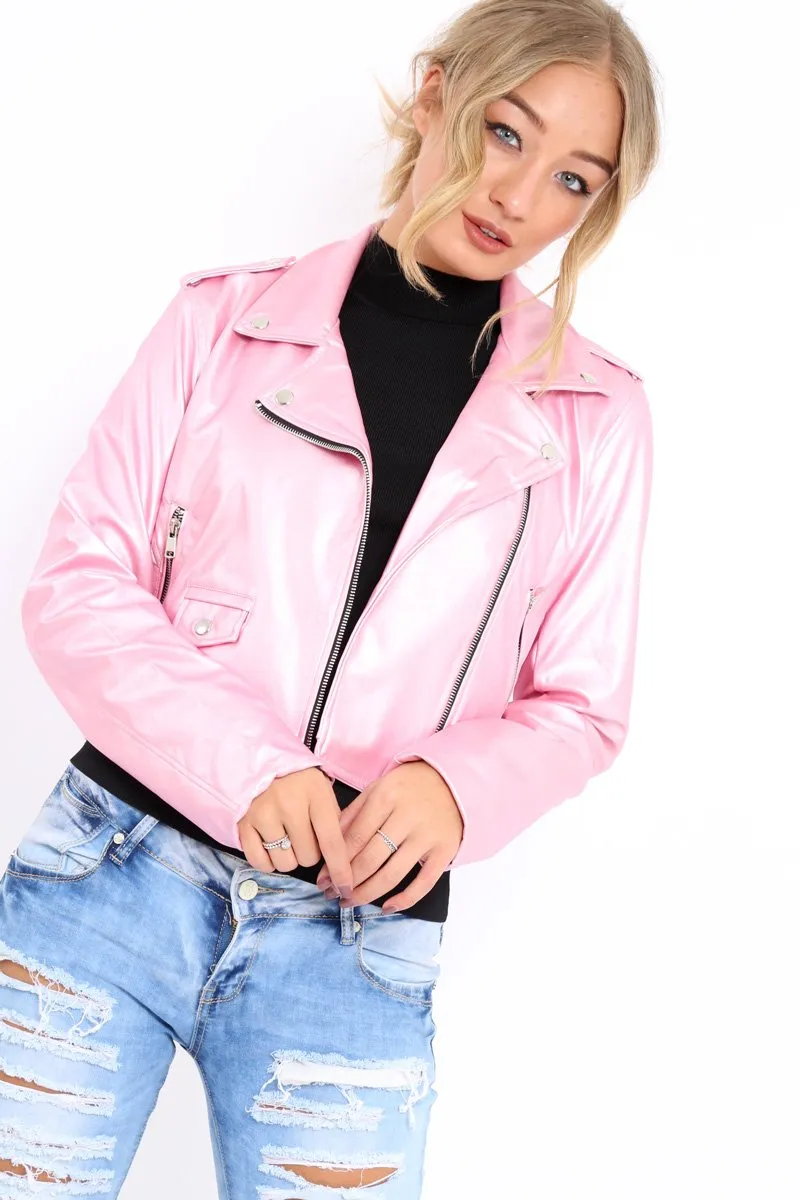 Pink Metallic Leather Jacket - Adrienne