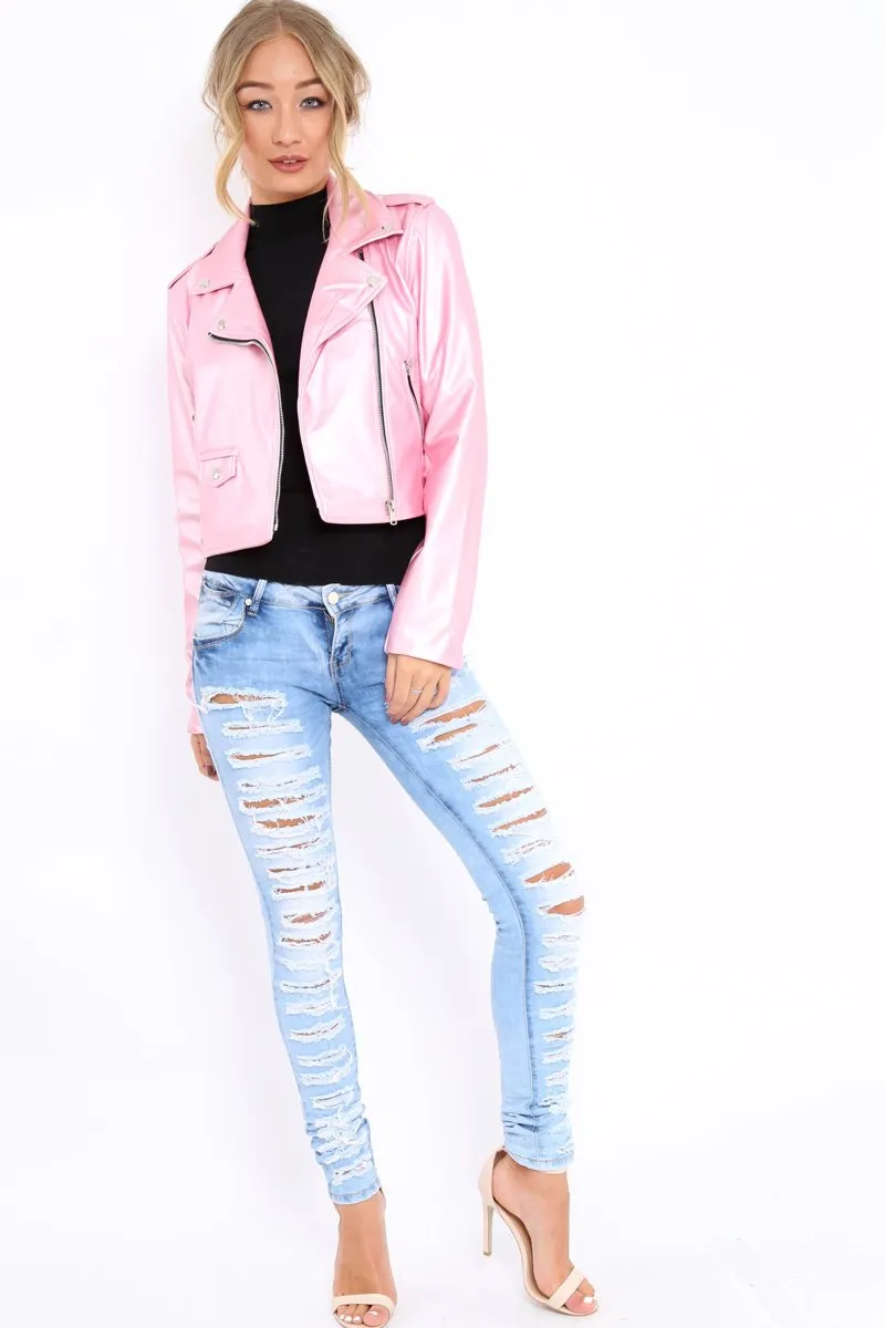 Pink Metallic Leather Jacket - Adrienne