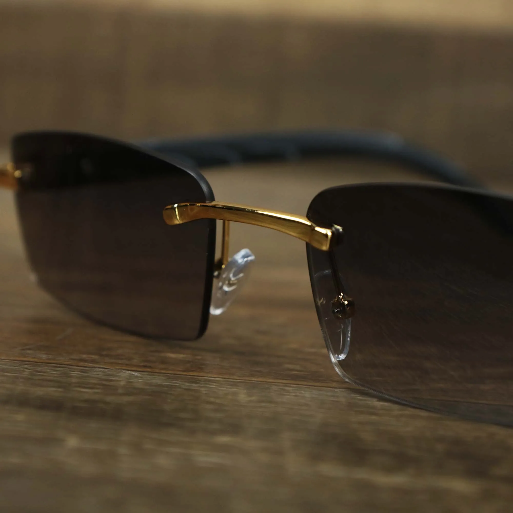 Rectangle Wood and Metal Frame Black Lens Sunglasses with Gold Frame