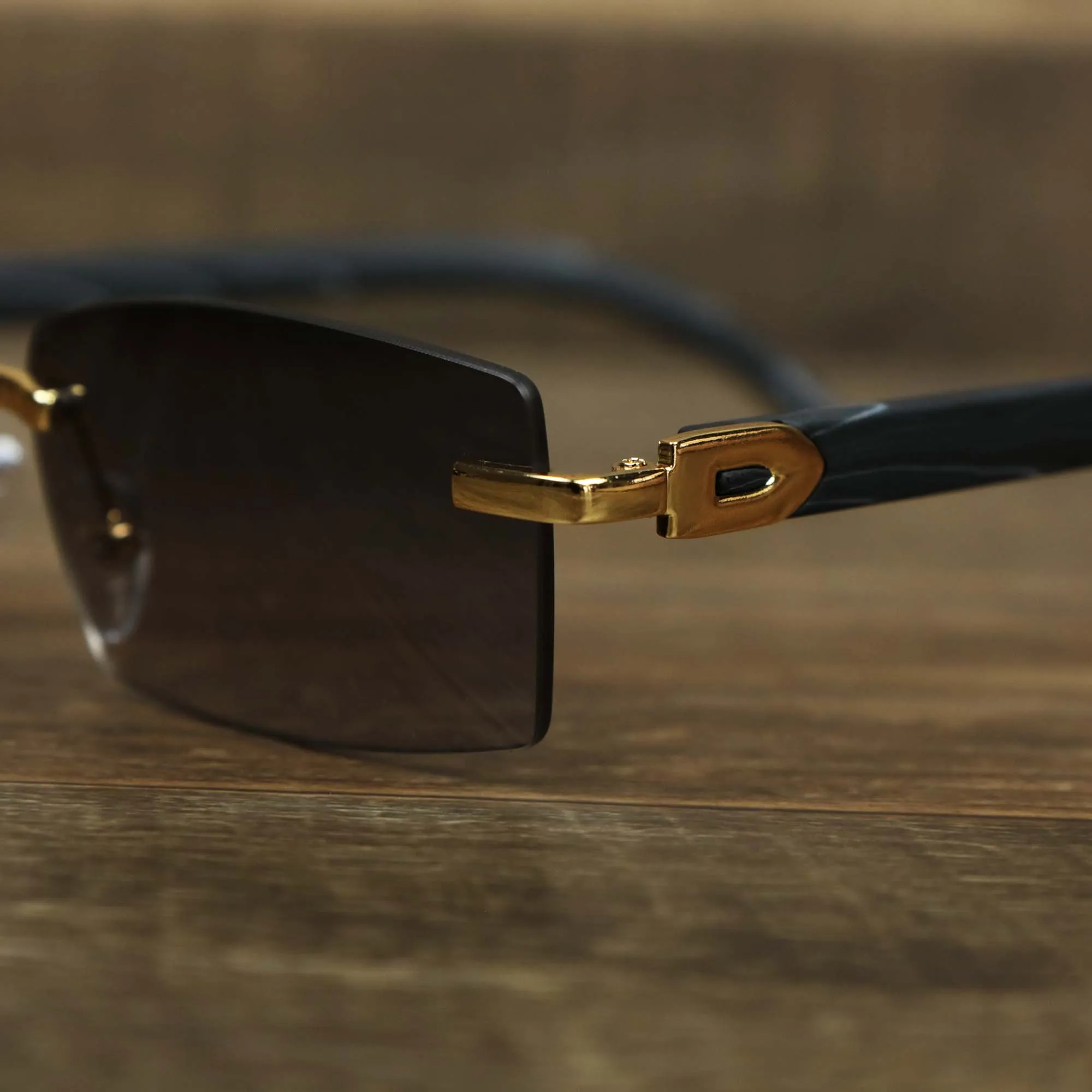 Rectangle Wood and Metal Frame Black Lens Sunglasses with Gold Frame