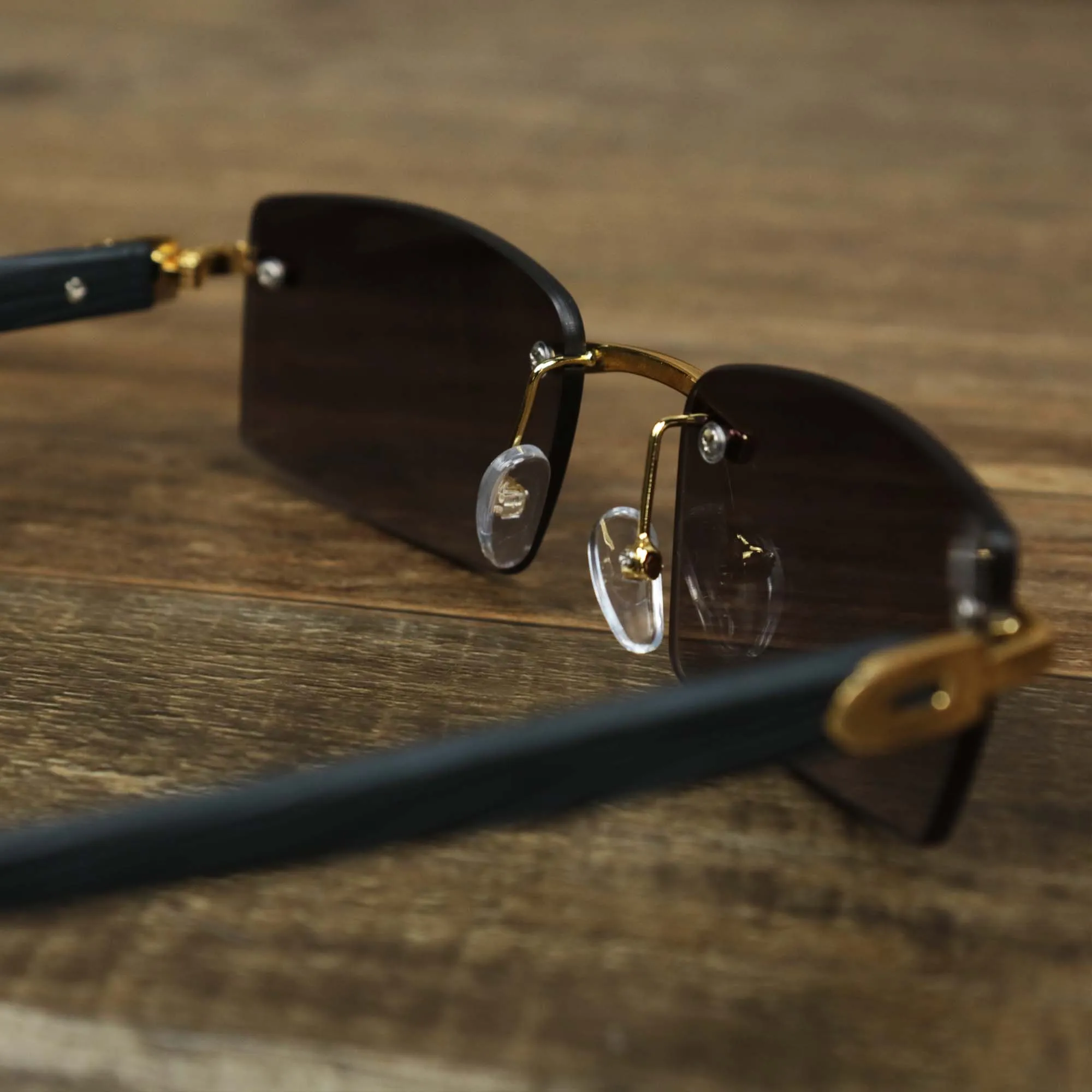 Rectangle Wood and Metal Frame Black Lens Sunglasses with Gold Frame