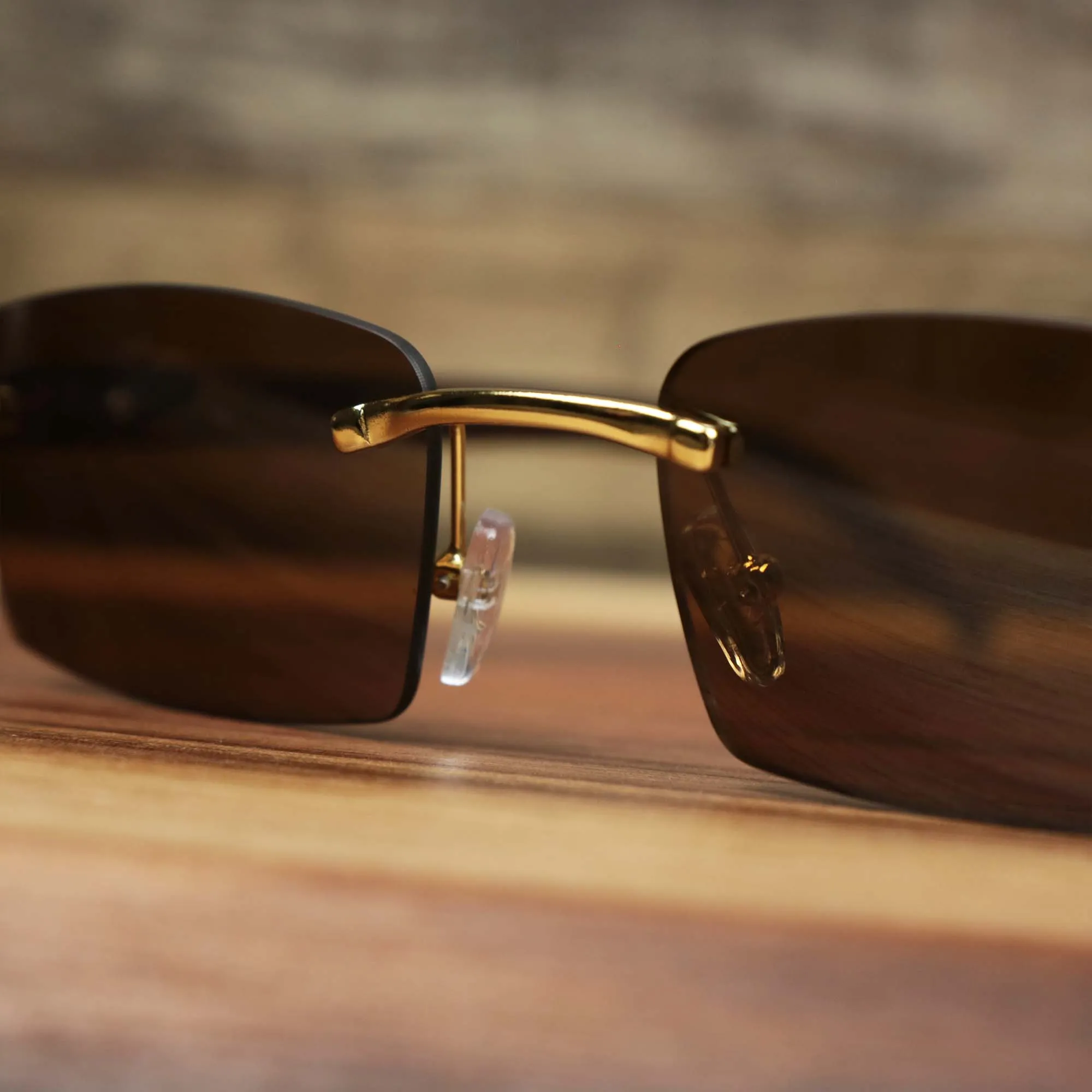 Rectangle Wood and Metal Frame Brown Lens Sunglasses with Gold Frame