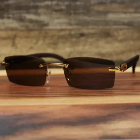 Rectangle Wood and Metal Frame Brown Lens Sunglasses with Gold Frame