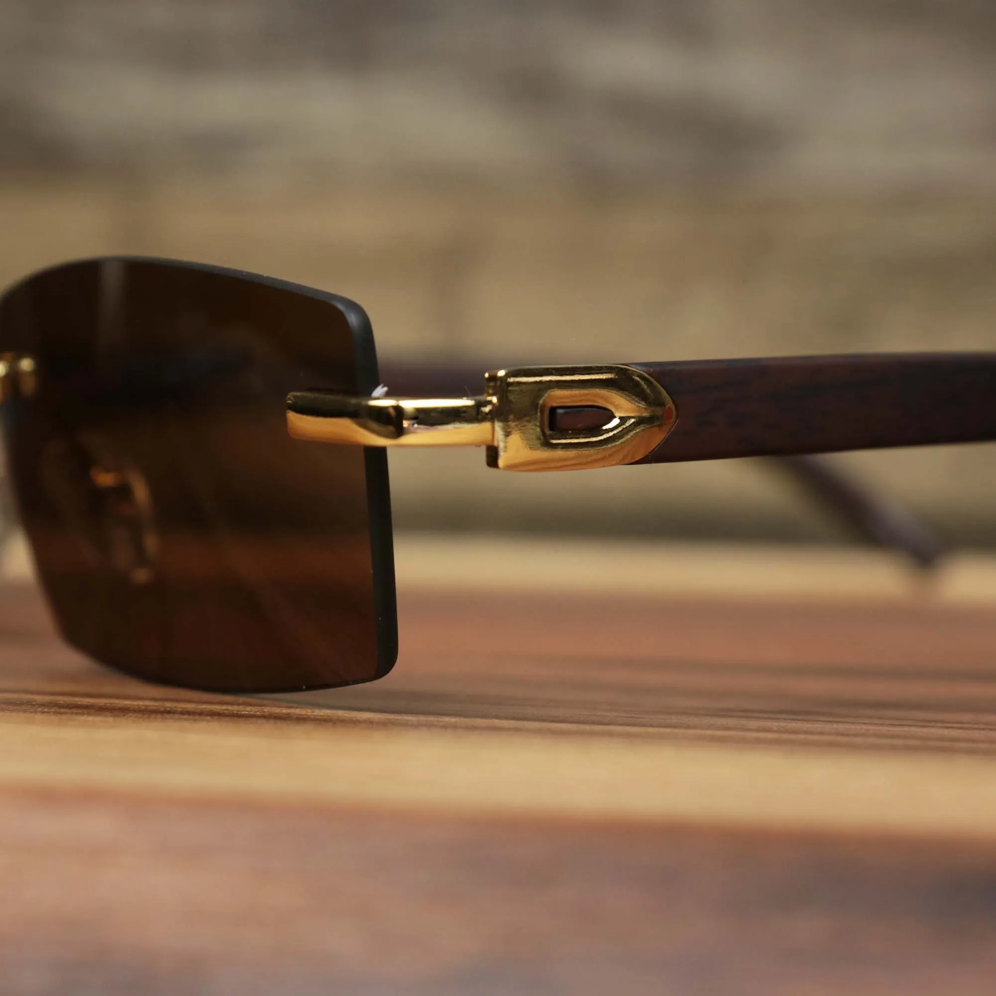 Rectangle Wood and Metal Frame Brown Lens Sunglasses with Gold Frame