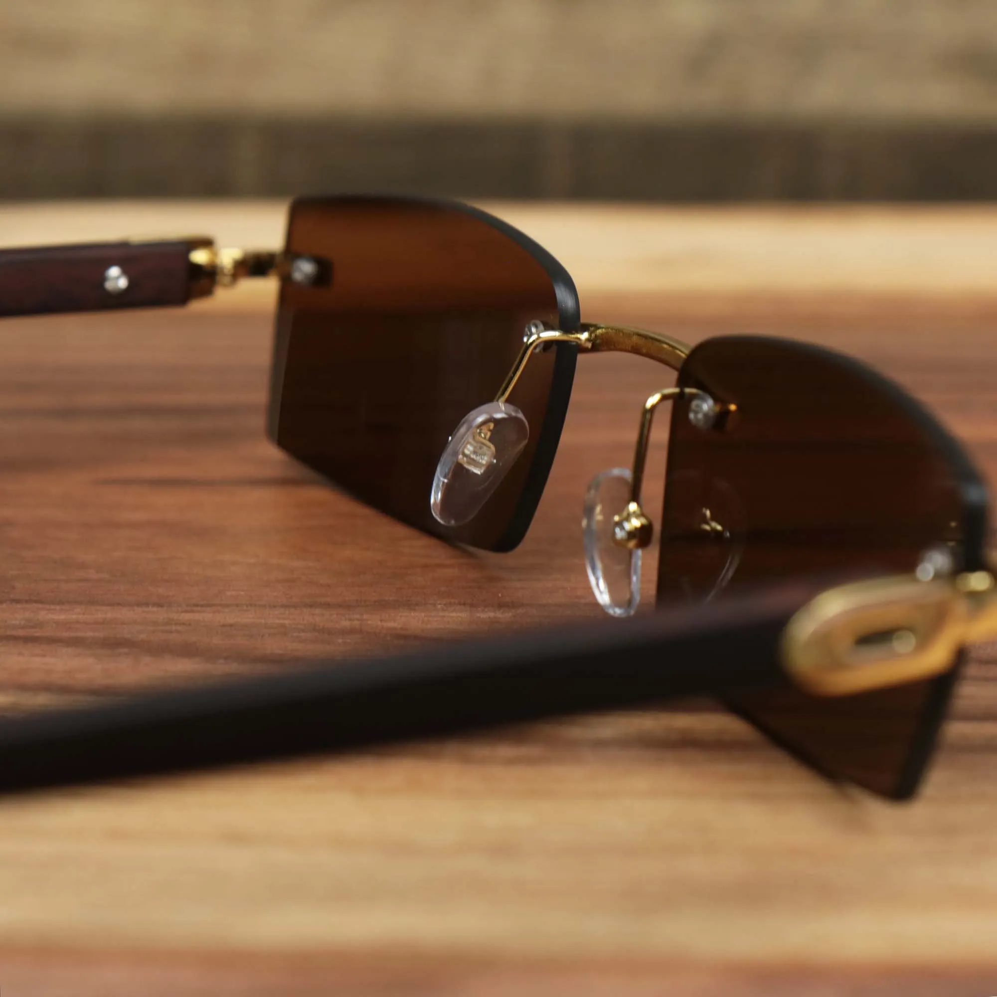 Rectangle Wood and Metal Frame Brown Lens Sunglasses with Gold Frame