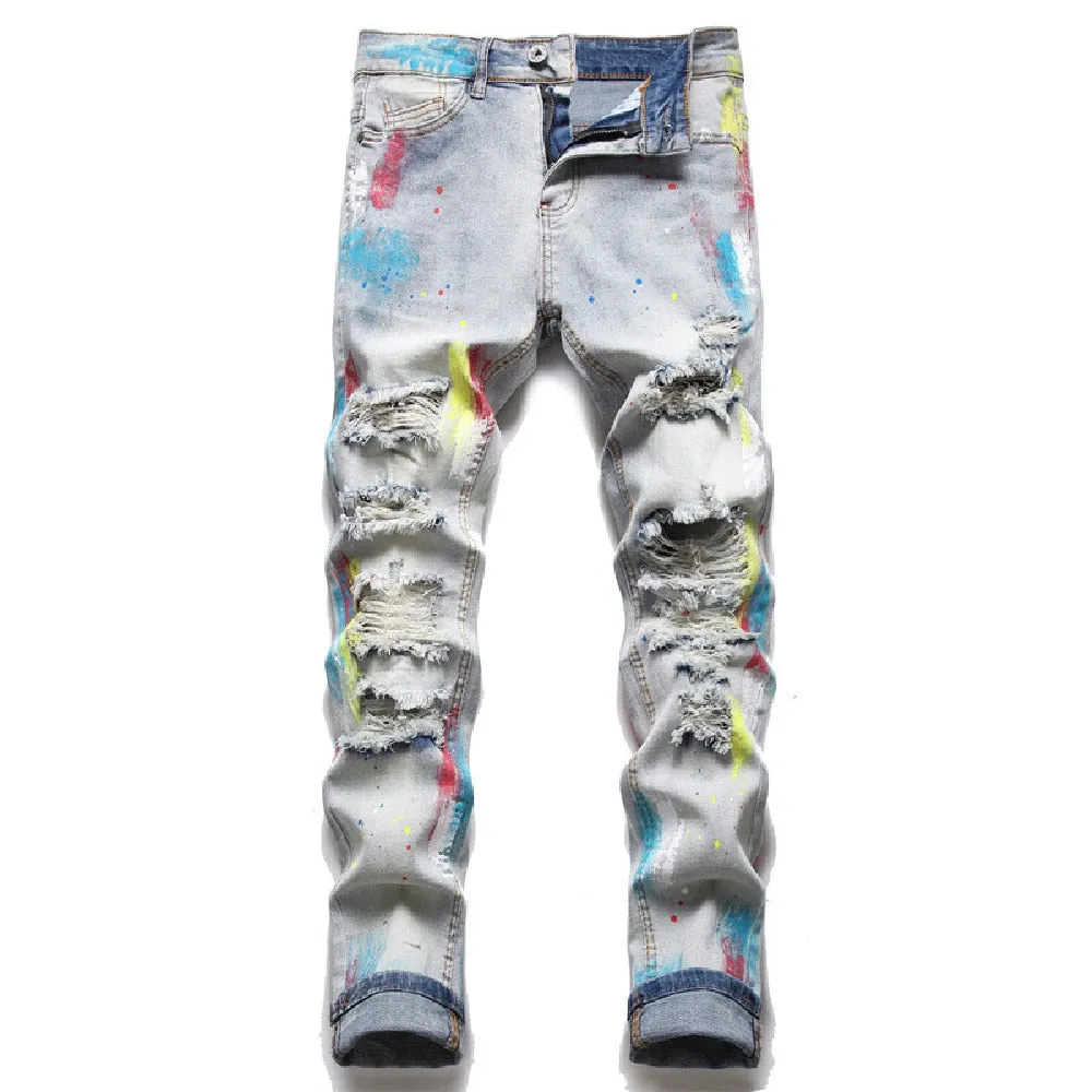 Retro Blue Denim Mid Waist Hip Hop Style Skinny Trousers for Men