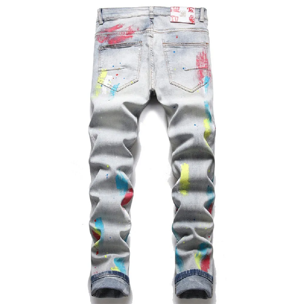 Retro Blue Denim Mid Waist Hip Hop Style Skinny Trousers for Men